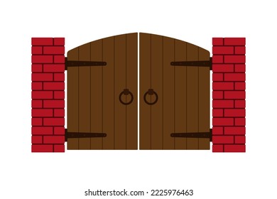 Wooden gate and brick posts icon. Color silhouette. Front view. Vector simple flat graphic illustration. Isolated object on a white background. Isolate.