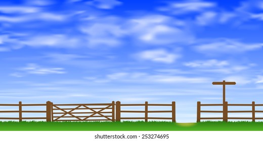 A Wooden Gate and Fence with Grass and Blue Sky. Vector EPS 10.