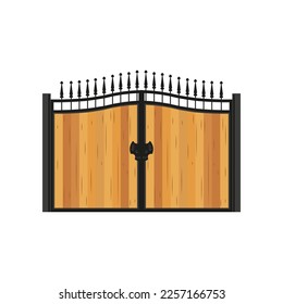 Wooden gate with metal frame vector illustration. Manor barrier with closed door, ornaments and decoration from wrought iron isolated on white background. Entrance, city concept