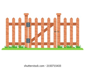 wooden gate to the private sector. fence in the garden. flat vector illustration.