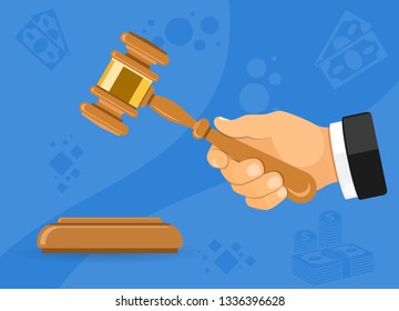 Wooden gavel judge or auctioneer in hand. concept auction, justice. isolated vector illustration