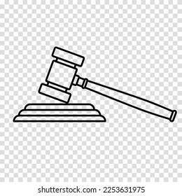 Wooden gavel linear icon of justice in the courthouse. Concept of justice and judgment. Legal punishment or verdict decision. Authority logo. Flat vector illustration for web banner.