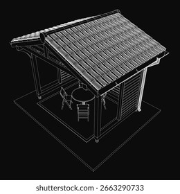 Um modelo 3D gazebo de madeira apresenta uma estrutura de arames detalhada com uma mesa e cadeiras, isoladas em um fundo preto. O projeto da torre mostra linhas limpas e precisão geométrica.