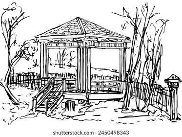 Wooden gazebo on a slope in a Chinese park against a background of trees. Drawing with a fountain pen