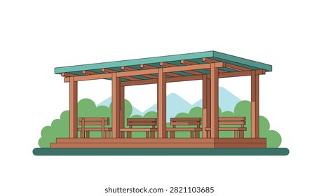 Wooden gazebo structure featuring benches under a covered roof surrounded by stylized green bushes and distant mountains.