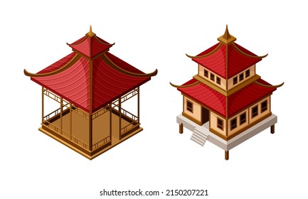 Wooden Gazebo and Tiered Pagoda in Oriental Style as Asian Architecture Isometric Vector Set