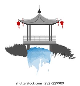 Wooden gazebo,
Traditional Asian Architecture,
Japanese ink painting
 Oriental style sumi e, wu shin, go hua,
SSTK abstract,
vector illustration.