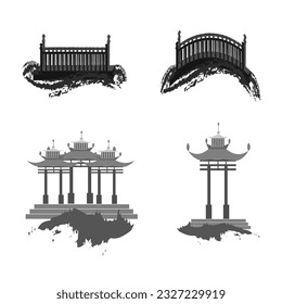 Wooden gazebo,
Traditional Asian Architecture,
Japanese ink painting
 Oriental style sumi e, wu shin, go hua,
SSTK abstract,
vector illustration.