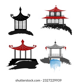 Wooden gazebo,
Traditional Asian Architecture,
Japanese ink painting
 Oriental style sumi e, wu shin, go hua,
SSTK abstract,
vector illustration.