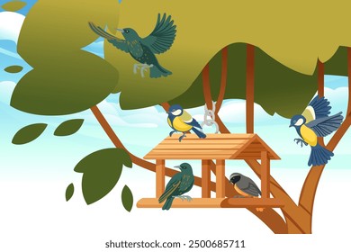 Wooden gazebo-like bird house hanging from a tree, with different bird around it. Hanging gazebo unique and airy shelter for birds. Vector illustration.