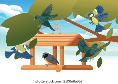 Wooden gazebo-like bird house hanging from a tree, with a flat roof and open sides. Hanging gazebo unique and airy shelter for birds. Vector illustration.