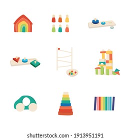 wooden geometric Montessori toys for preschool children. concept of early development, scientific pedagogy, leaning environment for toddlers. Flat vector illustration