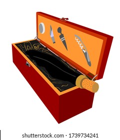  Caja de regalo de madera para abrir una botella de ilustración del vector de vino aislada en fondo blanco. El bar ofrece vinos de apertura. Accesorios de sumiller.