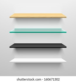 Wooden, glass, black and white shelves. Vector.