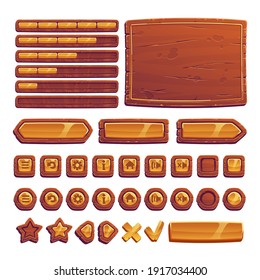 Wooden and gold buttons for ui game, gui elements isolated on white background. Vector cartoon kit of brown banners, golden menu buttons in wood frame, arrows and progress bar for mobile game