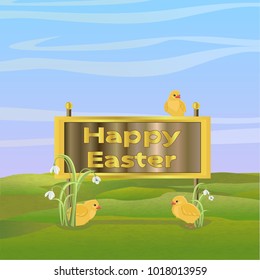 Wooden and gold table with inscription Happy Easter, sitting on it small yellow chickens, thickets of white flowers. A green field, the sky and clouds. Easter. Vector object and landscape