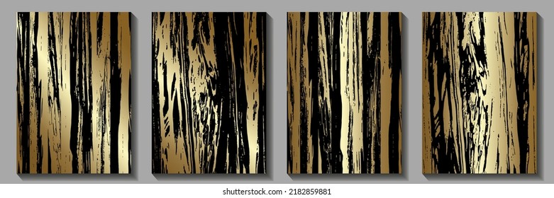 Wooden gold vector set art texture background with wood pattern. Natural wood pattern for cover menu, card, flyer, poster, banner. Premium template for design. Gold and black natural eco backdrop.