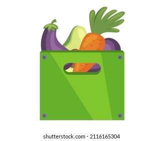 Wooden green box of fresh vegetables vector flat illustration. Container with handles full of organic eco friendly seasonal farm harvest isolated. Vitamin healthy carrot, eggplant, avocado fruit