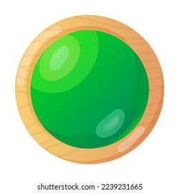 Botón verde de madera para la ilustración de dibujos animados de la interfaz de juegos de los usuarios. Elemento de la configuración del panel para el diseño de la aplicación aislado en fondo blanco. GUI, concepto de diseño de interfaz de usuario
