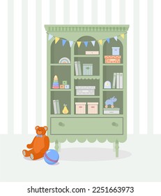 Gabinete verde de madera con juguetes para niños, libros, cajas de almacenamiento, osito de peluche, bola contra fondo de papel tapizado a rayas. El interior de una sala de guardería de estilo escandinavo vintage. Ilustración vectorial.