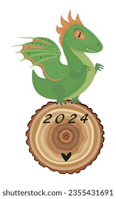 Wooden green dragon on a wooden wheel, the symbol of 2024 year