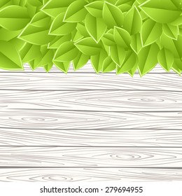 Wooden grey wall green leaves. Vector illustration.