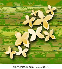 Wooden grunge background with stylized paper butterflies