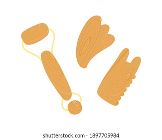 Wooden Gua-sha scrapers, rollers set. Natural beauty routine, skin care tools for facial massage. Vector isolated illustration.