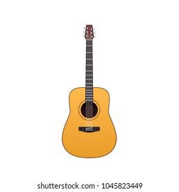 Wooden guitar, traditional string musical instrument. Holiday, music on acoustic guitar. Carnival, masquerade, festival, concert. Realistic musical string instrument. Vector illustration.