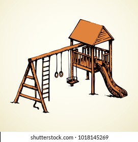 Wooden gym toyhouse with hang rope on backyard field backdrop. Line black ink hand drawn joy sign icon sketch in art retro doodle cartoon graphic style pen on white paper with space for text on ground