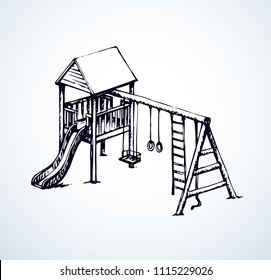 Wooden gym toyhouse with hang rope on backyard field backdrop. Line black ink hand drawn joy sign icon sketch in art retro doodle cartoon graphic style pen on white paper with space for text on ground