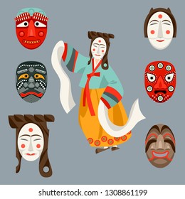 Wooden Hahoe masks (Hahoetal). Traditional ritual Korean mask dance. Vector illustration