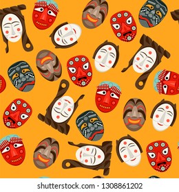 Wooden Hahoe masks (Hahoetal). Traditional ritual Korean mask dance. Seamless background pattern. Vector illustration