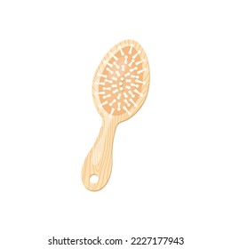 Wooden hair brush cartoon illustration. Zero waste bamboo wooden comb or hair brush, reusable bath product. Eco friendly lifestyle, care concept