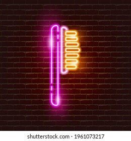 Wooden hairbrush neon icon. Environmentally friendly care products. Zero waste concept.