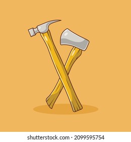 Wooden Hammer and Wooden Axe Vector Illustration. Object. Work Equipment. Flat Cartoon Style Suitable for Web Landing Page, Banner, Flyer, Sticker, Card, Background