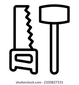 Wooden hammer and hand saw line icon, labour day concept, Construction tools sign on white background, hammer and saw icon in outline for mobile web design. Vector graphics.