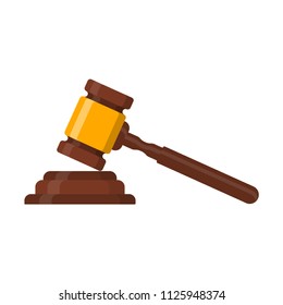 Wooden Hammer Icon. Hammer Of The Chairman Or Auction With A Wooden Stand. Flat Design. Vector.