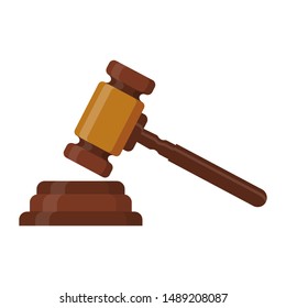 Wooden hammer icon. Hammer of the chairman or auction with a wooden stand. Flat design. Vector.