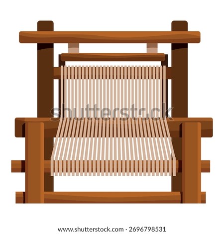Wooden hand loom weaving beige fabric, traditional textile production tool, isolated on white background