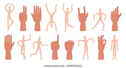 Wooden hand mannequin and man figure. Art supplies, articulated figures in different poses for modeling, drawing, creations. Artistic tools racy vector set