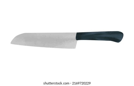 Wooden Handle Santoku Knife Watercolor Style. Santoku Knife Clipart. Universal Knife Vector Design Illustration Isolated On White Background. Kitchen Utensils And Cooking Tools Cartoon Drawing