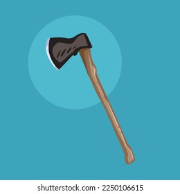 Wooden handle steel axe vector illustration isolated on blue background. Cartoon simple flat colored art drawing for carpenter themed equipment.