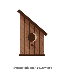 Wooden handmade bird house isolated on white background. Cartoon homemade nesting box for birds, ecology birdbox vector illustration