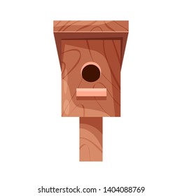 Wooden handmade bird house isolated on white background. Cartoon homemade nesting box for birds, ecology birdbox vector illustration