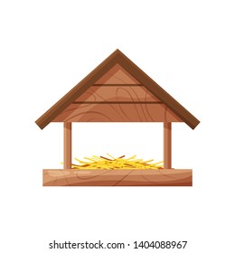 Wooden handmade bird house isolated on white background. Cartoon homemade nesting box for birds, ecology birdbox vector illustration