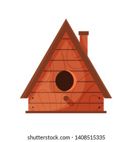 Wooden handmade bird house isolated on white background. Cartoon homemade nesting box for birds, ecology birdbox vector illustration