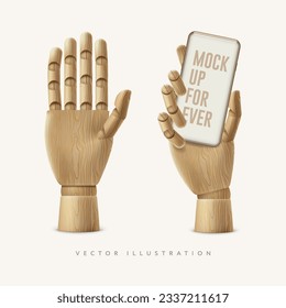 Wooden hands mockup isolated on white background. Wooden hand puppet holds a mobile phone and shows five, vector illustration