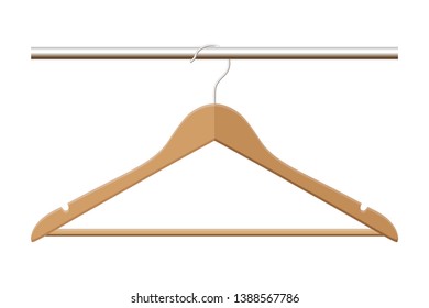 Wooden hanger on wardrobe rod isolated on white background. Vector illustration