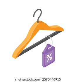 Wooden hanger with a percentage discount tag for clothing.